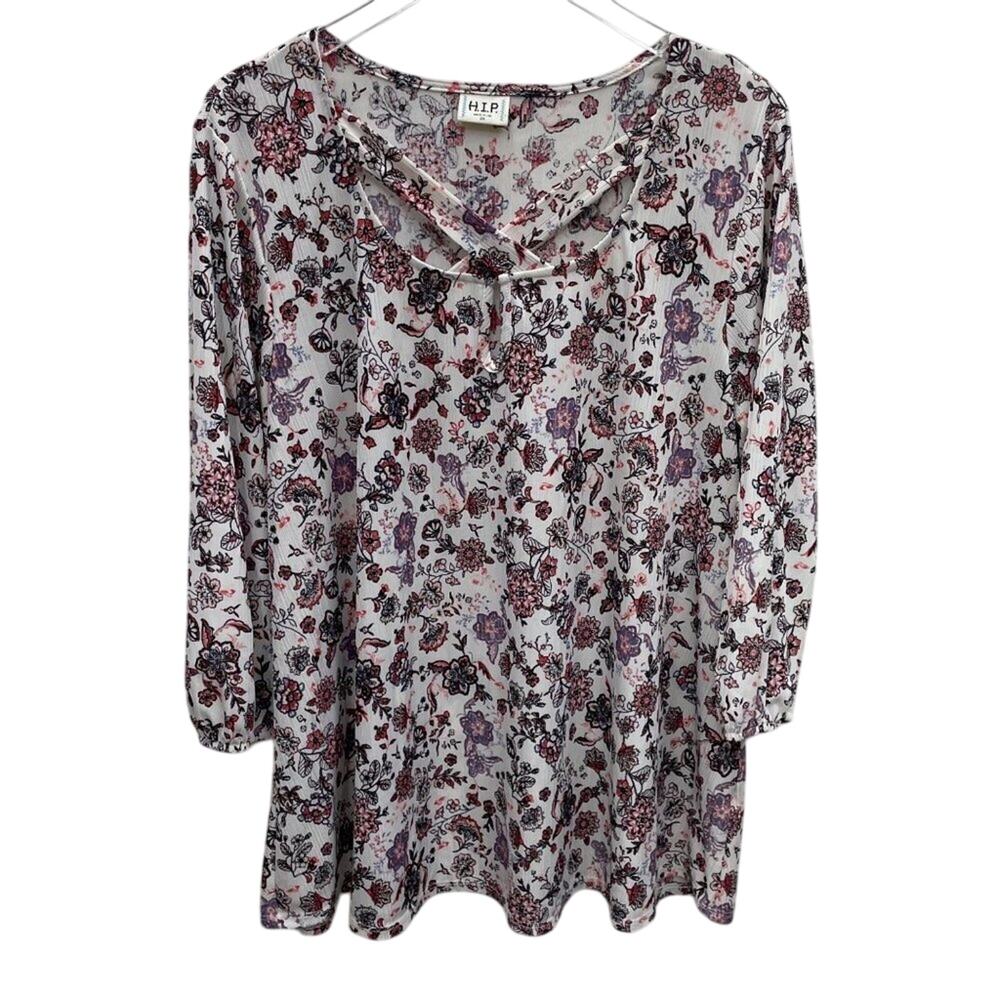 H.I.P. Floral Top Crisscross Neckline Straps and Balloon Sleeves Size 2X